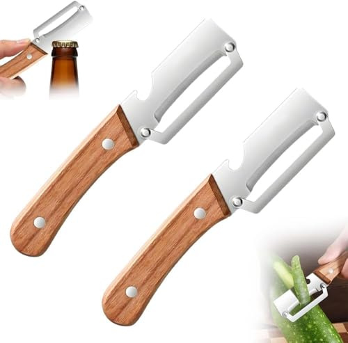 Zero Snag Wooden Peeler,Multi-Functional Vegetable Peeler for Kitchen,2026 New Stainless Steel Peeler with Wooden Handle and Bottle Opener,Kitchen Tool for Fruit Veggie Pumpkin,Gifts for Mom (2PCS)