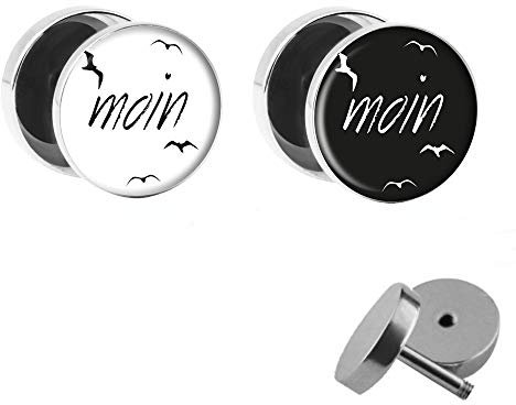 Treuheld® | Set - Moin Moin - 2 WITZIGE Ohrstecker zum Schrauben mit LUSTIGEM Spruch | SCHWARZ/WEIße Fake Plugs Ohrringe Ø 10mm | Ohr Fake-Tunnel aus Chirurgenstahl in Silber VÖGEL Schwalben Möwen