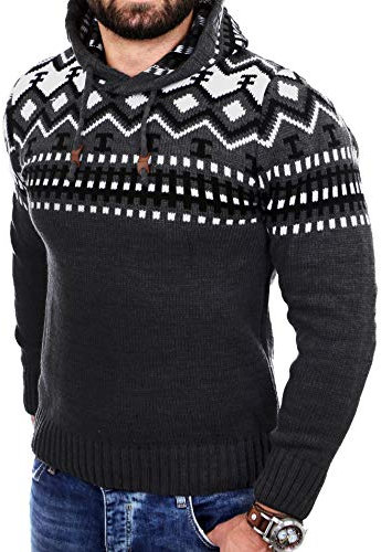 Reslad Norweger Pullover Herren Winterpullover Kapuzenpullover | Strickpullover für Männer RS-3013 (XL, Dunkelgrau)