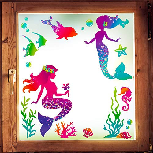 alles-meine.de GmbH Fensterbilder Motivwahl 17 TLG. Set - Meerjungfrau/Nixe & Unterwasser Fische - statisch haftend - selbstklebend + wiederverwendbar - Set Sticker Fenster..