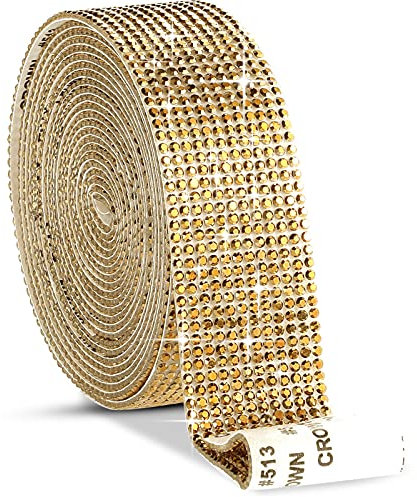 Strisce Autoadesive di Strass Nastro di Cristallo con Diamanti Bling Adesivo Avvolgente per Rotolo di Nastro Gioiello con Strass da 2 mm (Dorato, 1,06 Pollici x 3 Iarde)