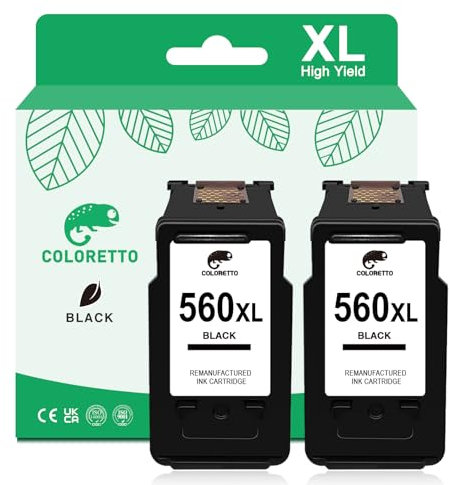 COLORETTO Ersatz-Tintenpatrone für Wiederaufbereitete Druckerpatronen für Canon PG-560XL 560 XL zur Verwendung mit Pixma TS5350 TS7450 TS5351 TS5352 TS5353 TS7451 (2 Schwarz) Multipack
