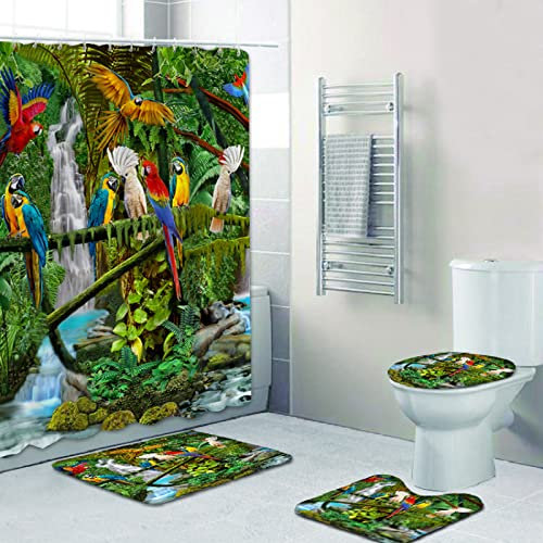 Duschvorhang Papagei-Wasserfall Badezimmerteppich 4-Teiliges Set, Duschvorhang 180x180 Polyester+Badematte rutschfeste(50x80)+U-Typ Teppich Wasseraufnahme Schmutzfangmatte+Toile Fußmatte