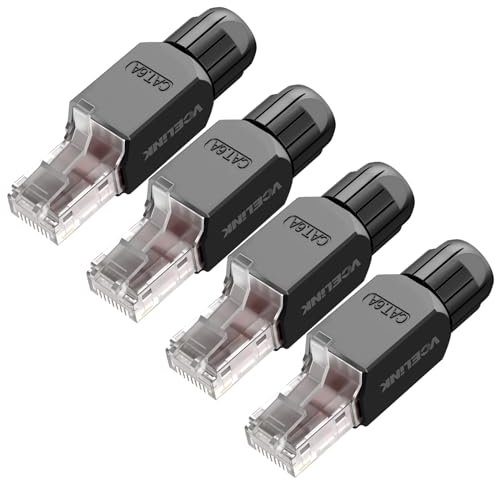 VCELINK Connettori RJ45 Senza Attrezzi, Plug RJ45 Cat6A Placcati in Pro per Cavi Ethernet Cat6A da 23-26 AWG, Nero 4 Pezzi