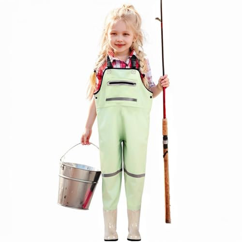 JONRRYIN Kinderwathose, Jugendliche Kinder Brust Wathose, Wathose Anglerhose Kinder mit Brusttasche und Verstellbarer Riemen, Kinder Angeln Wathose Stiefel wasserdichte rutschfest (Grün, 33)