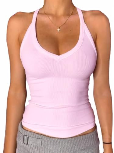 Danysu Tank Top Damen Mit Integrierter BH Sexy V-Ausschnitt Spaghetti Top Ärmellos Sommer Gerippt Tanktops Sport Oberteile Basic Shirt Camisole Einfarbig Rosa - Blossom Pink, Klein