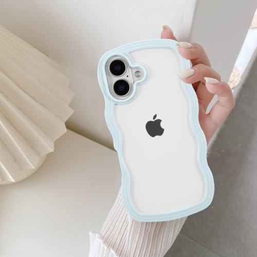 QLTYPRI Compatible with iPhone 16 Plus Case, Cute Curly Wave Frame Clear Case for Girls Women, Transparent Soft Silicone TPU Bumper Shockproof Protective Phone Cover for iPhone 16 Plus - Light Blue