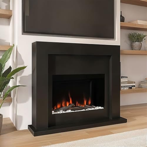 Amberglo Black Wall Mounted Electric Fireplace With Logs, Crystals & Pebbles