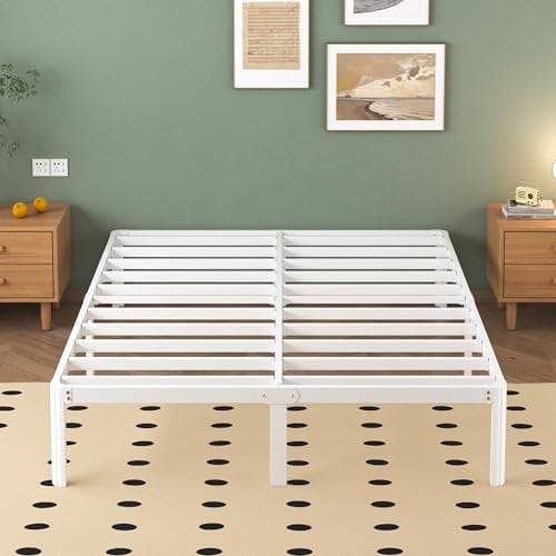 Lutown-Teen Cama de Metal 160x200 cm, Altura 30.5 cm, Somier 160x200 con Patas de Esquina Curvadas de Acero, Almacenamiento bajo la Cama, Fácil Montaje, Libre de Ruidos, Blanco