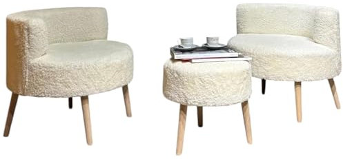 fashionshowcase 3-teiliges Lounge-Set, 2 Plüsch-Sessel mit Holzbeinen und Hocker, (Creme-Weiß)