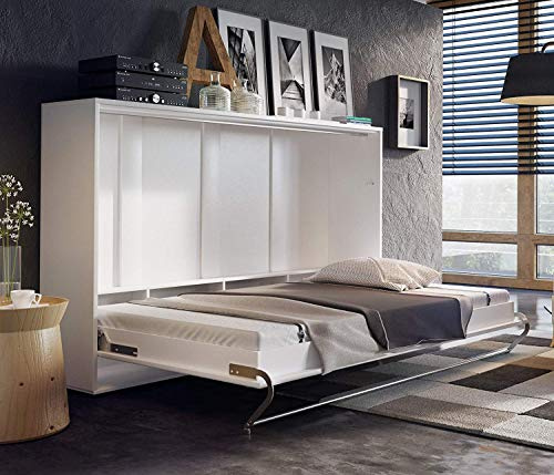 Schrankbett für Schlafzimmer, modern, horizontal, ausklappbar, 140 x 200 cm, verstecktes Wandbett, platzsparendes Design, Weiß