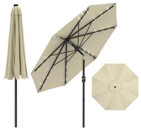 Parasol de Jardin LED 300 cm Avec Manivelle, Protection UV50+, Inclinable Double Sens, Aluminium Robuste, Parasol Balcon Et Terrasse, Sans Pied, Sac De Transport Inclus, Protection Solaire, Beige