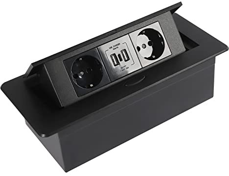 Enchufe de mesa desplegable con 2 enchufes europeos, 2 puertos USB, 1 x tipo C – 4000 W, empotrable, aluminio, negro, para escritorio, cocina, oficina, mesa de conferencias