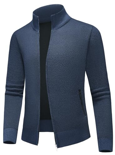 KUDMOL Cardigan Gilet Homme Zippé pour Hiver Chaud Col Montant Pull Veste en Maille Chandail Chaud Slim Fit Épais Tricot Polaire(Bleu Marin,3XL)