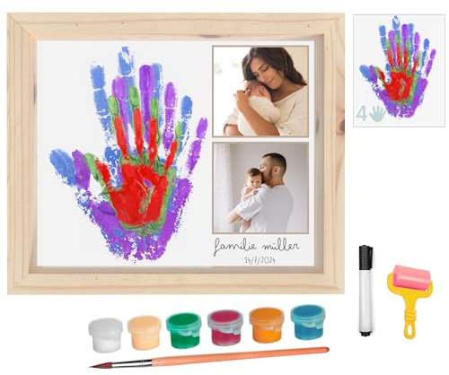 HuBorns - Baby Hand and Footprint Kit & Family Handprint Kit with 4 Handprint Spaces, Hand and Foot Print for Baby Painting Frame, Perfect as New Baby Gifts, New Mum Gift (Wood+Photos)