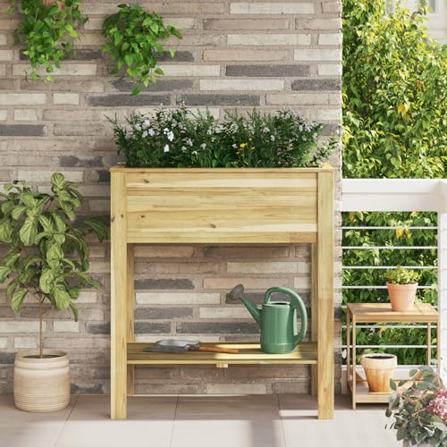 QJBSAVVA Gartenpflanzenständer aus imprägnierter Kiefer 85x46x94 cm Rechteckig Beige - Pflanzenregal Holz für Balkon und Terrasse mit Drainage, Freistehendes Design für Innen und Außen