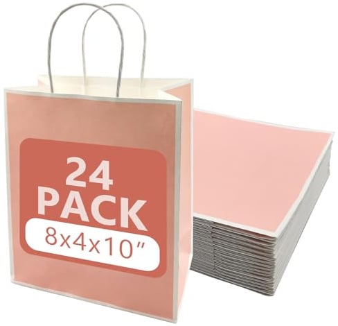 Geschenktüten, 24 Stück Packung Papiertüten mit Henkeln 20x10x25 cm Kraftpapier-Geschenktüten für Hochzeit Geburtstag Babyfeier Partys Geschäftsbetrieb Einzelhandel 100% Recyclingpapier (pink)