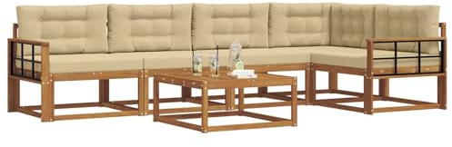 vidaXL Outdoor-Sofagarnitur mit Kissen 6 pcs Natur und Beige, Gartenmöbelset, modernes Patiosofa, Robustes modulares Lounge-Set, Outdoor-Sitzgelegenheit für Garten, Poolbereich, Akazienholz