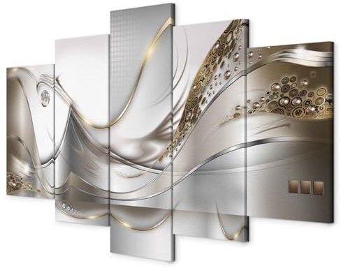 B&D XXL - Wandbilder XXL Abstrakt 225x112cm 5 tlg - Wand Deko Leinwand Bilder Groß Wanddeko Wohnzimmer Schlafzimmer Kunstdrucke - Wellen Perlen grau a-A-0004-b-o
