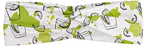 ABAKUHAUS Tequila Headband, Outline Sketch Pattern of Glasses Lemon Slices Salt Shaker, Elastic and Soft Women's Bandana for Sports and Everyday Use, Apple Green Grey