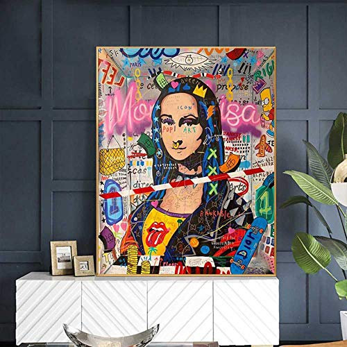 Impression sur Toile 60x90CM sans Cadre Mona Lisa Street Graffiti Art Drôle sur Le Mur Art Photo pour Salon Décor À La Maison