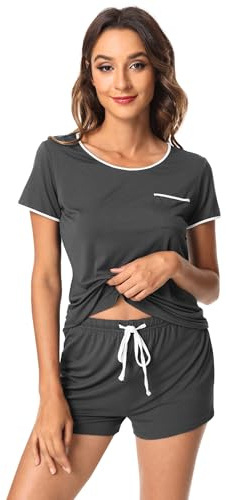 WiWi Ensemble de pyjama pour femme avec haut à manches courtes et short, pyjama doux et frais, vêtements de nuit Pjs Sets - viscose de bambou S-XXL, L