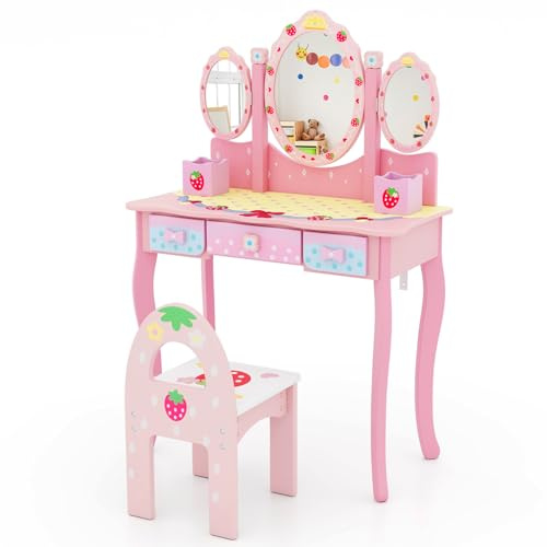 COSTWAY Kids Vanity Table and Chair, Girls Dressing Table with Tri-Folding Mirror, Drawers and Storage Boxes, Cute Playroom Bedroom Furniture for Toddlers (Pink)