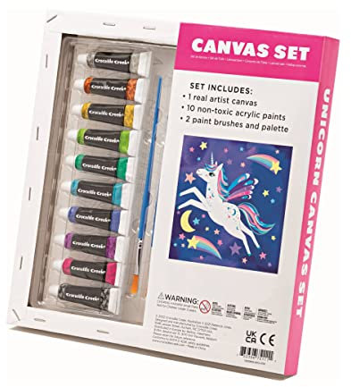 Crocodile Creek Einhorn-Leinwand-Malset für Kinder ab 6 Jahren – Acryl-Malset enthält 10 ungiftige Acrylfarben, 2 Pinsel, 1 Palette und 1 Leinwand