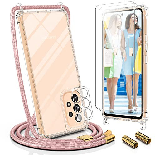 UYMO Handykette Hülle Kompatibel mit Samsung Galaxy A53 5G - mit 2 Stück Schutzfolie und kameraschutz Glas Stylische Necklace Schutzhülle mit Band Handyhülle zum Umhängen Kordel TPU Case,Roségold