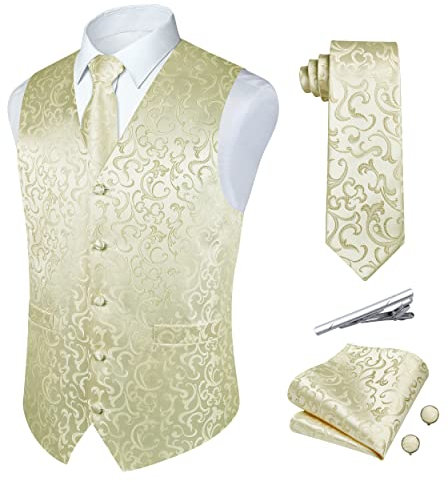 Rithern Herren Weste mit Paisley Floral Jacquard Seide Krawatte Einstecktuch Taschentuch Set mit Manschettenknöpfen und Krawattenklammer für Hochzeitsfeier Anzug Weste Set Beige L