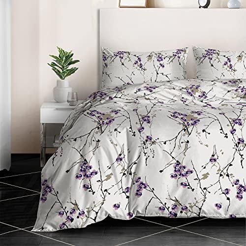 RAYBedding 3PCS King Size Duvet Cover Set 100% Egyptian Cotton Bedding King Size Bed Set 400 Thread Count Floral Printed Exotic Lilac Duvet Cover King with Pillow Cases 2 Pack