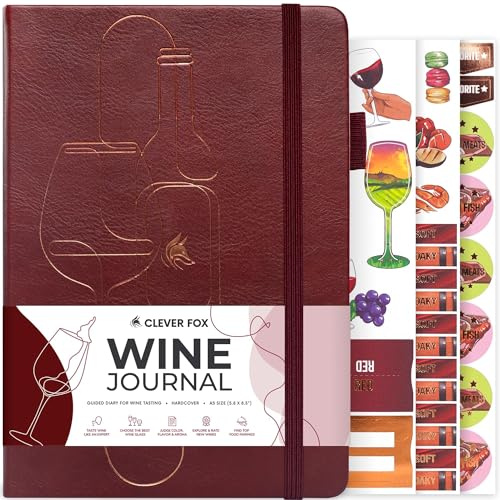 Clever Fox Journal de vin pour dégustation de vin – Journal de vin guidé et carnet de bord avec instructions de dégustation, roue d'arômes, appariement des aliments et guide en verre – 132 entrées,