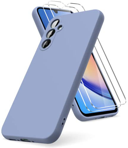 Vansdon Funda Compatible con Samsung Galaxy A34 5G, 2 Unidades Protector Pantalla Cristal Templado, Silicona Líquida Gel Ultra Suave Funda- Gris Lavanda