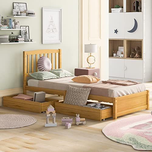 Einzelbett Holz, Einzelbett 90X200 Eiche Massivholzbett Einzelbett mit Kopfteil mit 2 Schubladen Schlafzimmer Bett