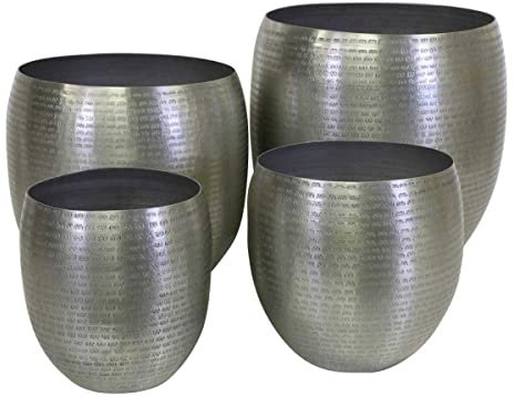 Casa Moro Orientalischer Blumentopf CASTELLON 4er Set Silber Übertopf Metall Blumen-Kübel Pflanzkübel rund Aluminium mit Hammerschlag verziert, marokkanischer Stil ABK800