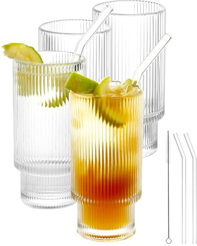 QWORK® 4Pcs Drinking Glasses with Straws, Ribbed Glassware, Ideal for Coffee, Juice, Beer, Tea, Water, 350ml
