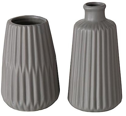 Deko Vase im 2er Set aus Keramik Mattes Design mit Rillen Höhe 18 cm Blumenvase Tischdekoration - Grau