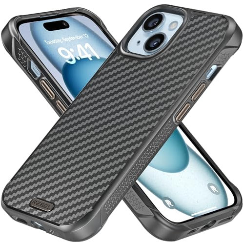 REBEL, Handyhülle für iPhone 15, Gen-5 Aramidfaser, MagSafe-kompatibel, Griffige Seiten, Stoßfeste Ecken, Metall-Linsenschutz und Tasten, Verbessertes Design, 6,1 Zoll 2023, Schwarz