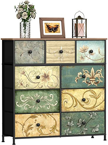 VEDECASA Dresser with Drawer for Bedroom with 9 Fabric Drawers Retro Floral Pattern Chest of Drawer Dresser for Living Room Nursery Entryway Closet Wood Board Metal Frame