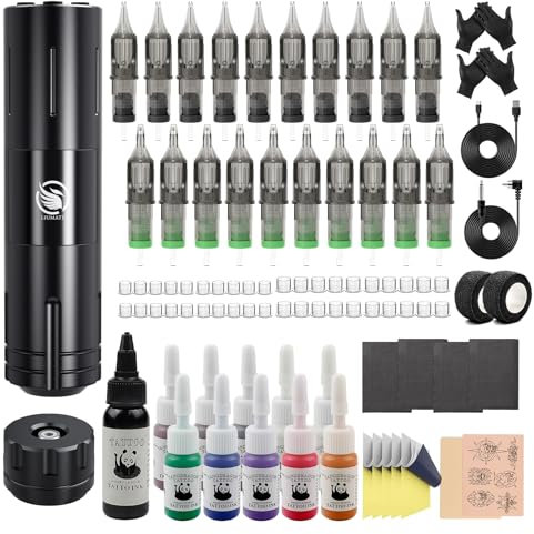 LIUMATE Wireless Maschine Pen Set 1800mAh Kabellose Rotary Battery Pen Maschine Complete Maschine Set mit 20 Stück Cartridges 11 Tinte für Künstler und Professional Anfänger