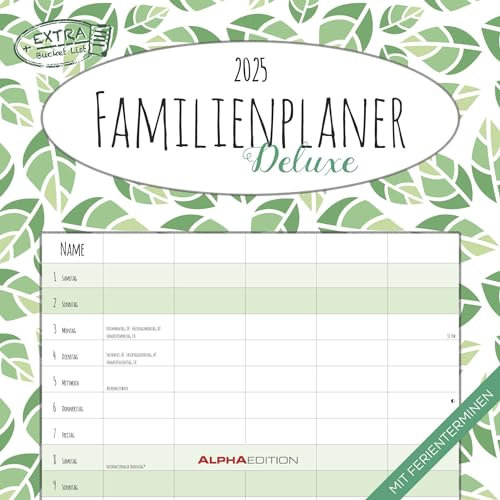 Alpha Edition - Familienplaner Deluxe 2025 Broschürenkalender, 30x30cm, Kalender mit 5 Spalten für Termine, Jahresübersicht, Ferientermine DE/AT/CH, internationales Kalendarium