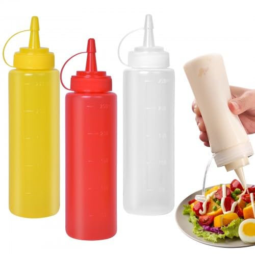 Cozlly Quetschflasche, 3 Stück 250ml Squeeze Flasche mit Kappen, Bpa Frei, Kein Leck Condiment Flaschen, für Malen, Backen, Ketchup, Scharfe Soße, Olivenöl, Saucenflasche (Rot + Weiß + Gelb)