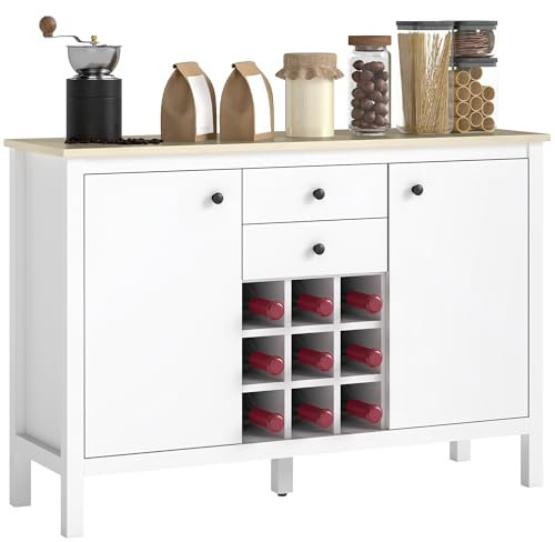 HOMCOM Buffet Meuble de Rangement avec 2 tiroirs, 2 Portes étagères réglables et Porte-Bouteilles pour 9 Bouteilles, 110 x 35 x 75 cm, Blanc et Bois Naturel