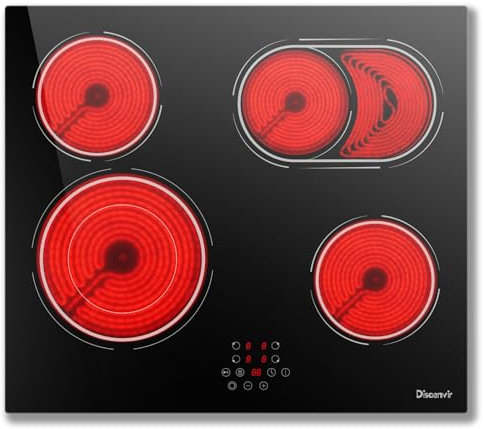 Disaenvir Ceramic Hob 4 Zone, Built-in Electric Hob 60cm with Dual Ring Zone, Oval Zone, 6600W Electric Ceramic Cooktop with Timer, Safety Lock, 9 Power Levels, Pause, Hard Wire (No Plug)