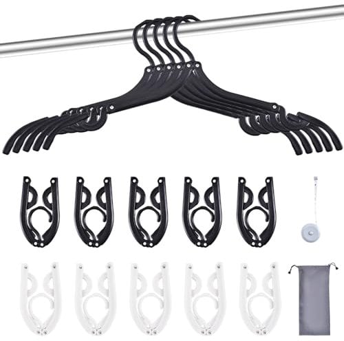 Sazfli 10 Stück Faltbare Reisebügel mit Geschenkbox – Stabile ABS + Aluminiumnieten, rutschfeste Rillen für Badeanzüge, Platzsparend (Schwarz/Weiß)