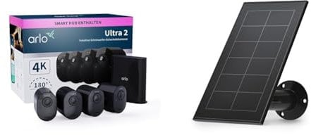 Arlo Ultra 2 Überwachungskamera Aussen WLAN, Kabellos & Zertifiziertes Zubehör, Solarpanel, Kabel 2.4m, Wetterfest