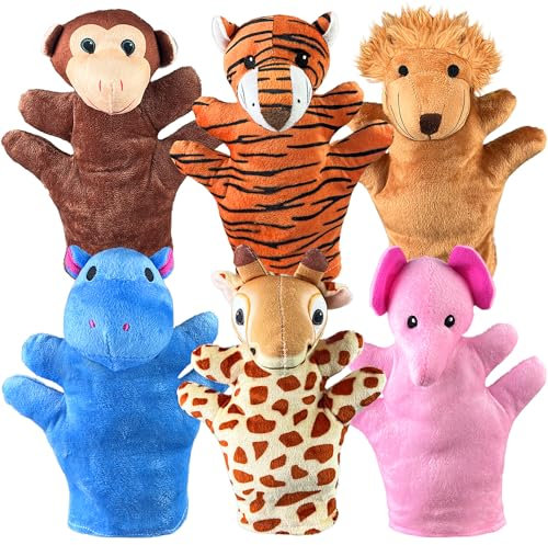 6 PCS Hand Puppets Set Animal Plush Puppet Elephant Tiger Giraffe Monkey Lion Hippo for Storytelling Playing Teaching Shows Playtime Schools Birthday Party Favor Supplies