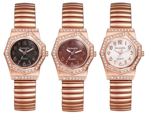 JewelryWe Damenuhr Elastische Achteckige Uhr: 3pcs Glitzer Zirkonia Diamant Analog Quarz Armbanduhr Damen Rosegold Edelstahl Stretch-Armband Uhr mit Zugarmband & Asymmetrisch Achteckig Gehäuse