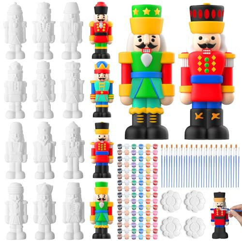 Cinnvoice 16 Set Christmas Nutcrackers Figurines Paint Craft Kit 4 Unpainted Ceramics Plaster Nutcracker Christmas Unfinished Nutcracker Figures Paint Your Own Nutcracker with Paint, Brush, Palette