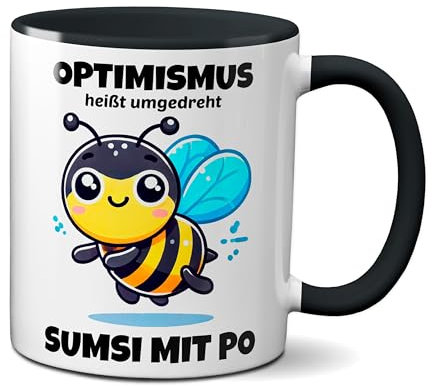 TassenKing - Tasse mit Biene und Spruch Optimismus heißt umgedreht Sumsi mit Po lustige Bürotasse Sprüche Tassen witzig (schwarz)